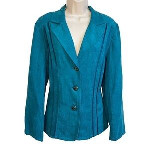RQT Woman Vintage 90s Teal Blue Plus Size Single Breasted Blazer Jacket 1X Suede